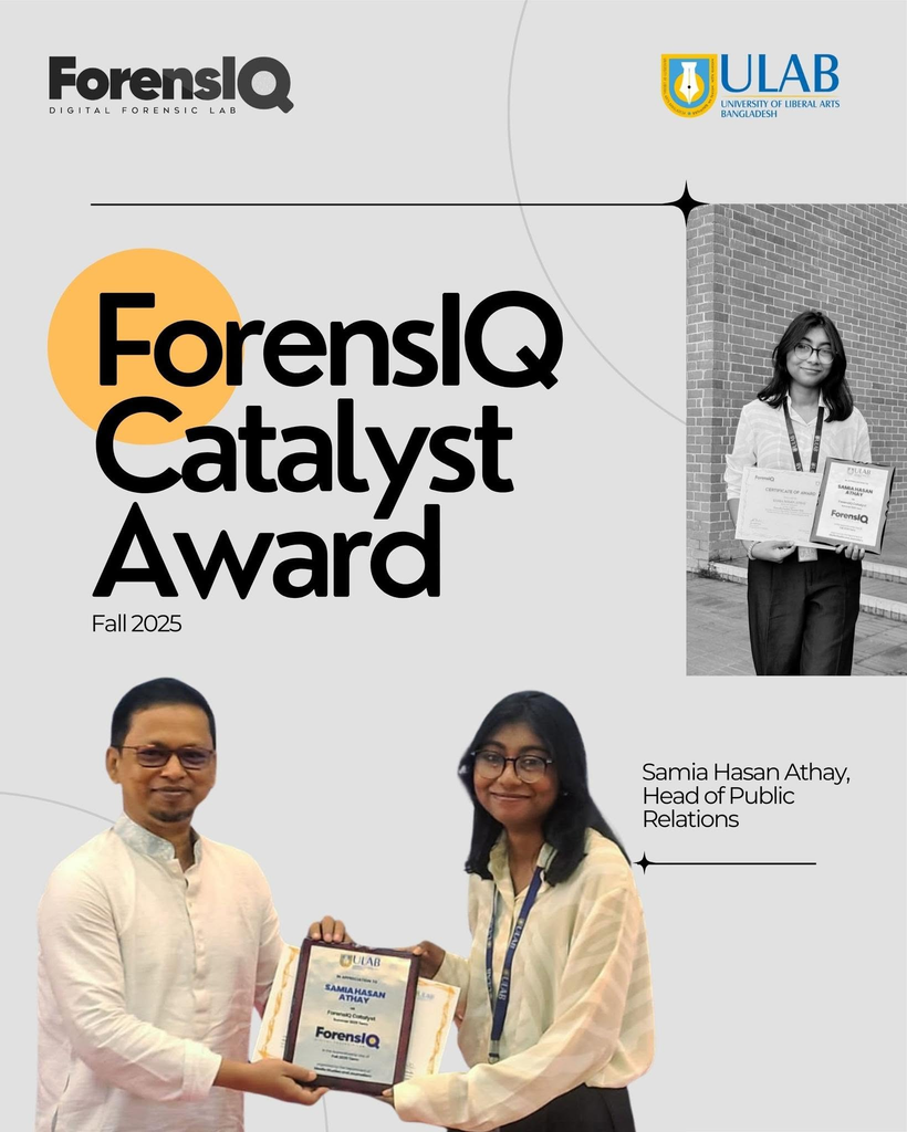 Samia Athay receiving the ForensIQ Catalyst Award, Fall 2025, from ULAB and ForensIQ